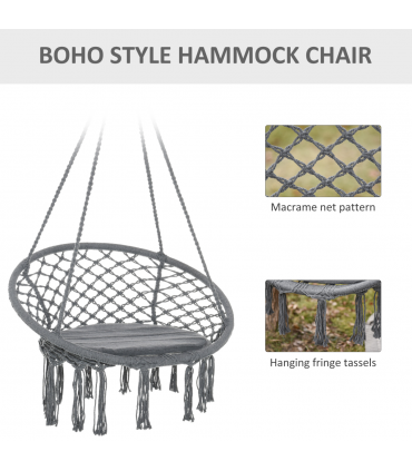 Cotton-Polyester Blend Macrame Hanging Chair Swing Hammock & Backrest, Grey