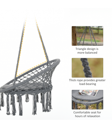 Cotton-Polyester Blend Macrame Hanging Chair Swing Hammock & Backrest, Grey
