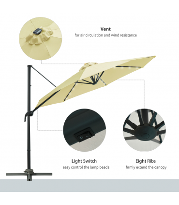 3m Cantilever Parasol Patio Umbrella with LED Solar Light Beige