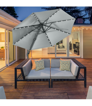3m Cantilever Roma Parasol Patio Sun Umbrella with LED Solar Light, Grey