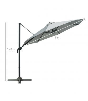 3m Cantilever Roma Parasol Patio Sun Umbrella with LED Solar Light, Grey