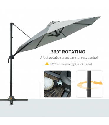 3m Cantilever Roma Parasol Patio Sun Umbrella with LED Solar Light, Grey