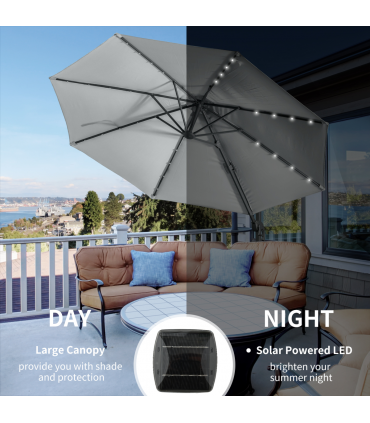 3m Cantilever Roma Parasol Patio Sun Umbrella with LED Solar Light, Grey