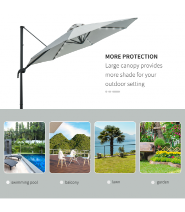 3m Cantilever Roma Parasol Patio Sun Umbrella with LED Solar Light, Grey