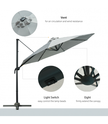 3m Cantilever Roma Parasol Patio Sun Umbrella with LED Solar Light, Grey