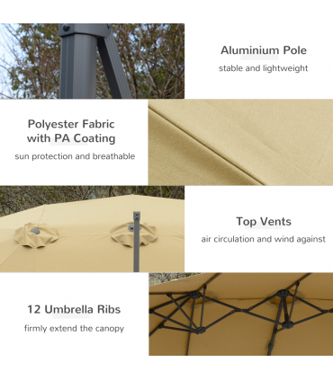 4.5m Patio Parasol, Double-Sided Rectangular Crank Handle, Khaki