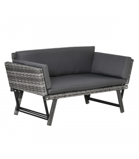 2 in 1 Rattan Folding Daybed Sofa Grey w/Cushion