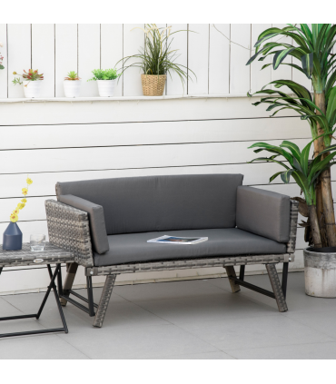 2 in 1 Rattan Folding Daybed Sofa Grey w/Cushion