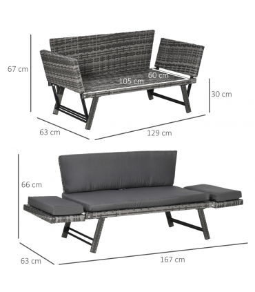 2 in 1 Rattan Folding Daybed Sofa Grey w/Cushion