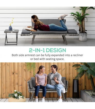 2 in 1 Rattan Folding Daybed Sofa Grey w/Cushion