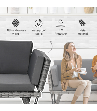 2 in 1 Rattan Folding Daybed Sofa Grey w/Cushion