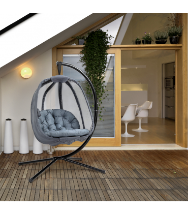 Folding Hanging Egg Chair w/ Cushion and Stand Grey
