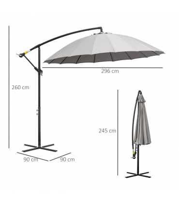 3(m) Cantilever Shanghai Parasol w/ Crank Handle, Cross Base, Grey Outsunny