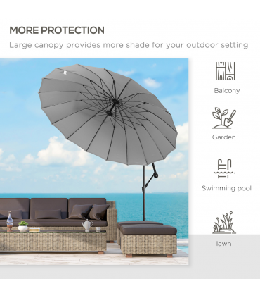 3(m) Cantilever Shanghai Parasol w/ Crank Handle, Cross Base, Grey Outsunny