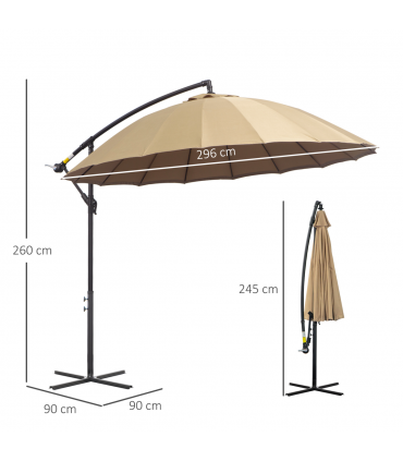 3(m) Cantilever Shanghai Parasol w/ Crank Handle, Cross Base, Khaki Outsunny