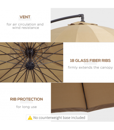 3(m) Cantilever Shanghai Parasol w/ Crank Handle, Cross Base, Khaki Outsunny