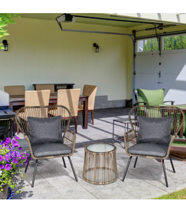 3 PCS Webbed PE Rattan Outdoor Patio Set w/ Cushions Steel Frame Grey Outsunny