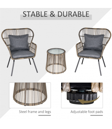 3 PCS Webbed PE Rattan Outdoor Patio Set w/ Cushions Steel Frame Grey Outsunny