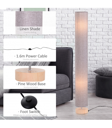 Floor Lamp Wooden Base, Linen Fabric Grey 120H cm x 15cm x 15cm Uplighter