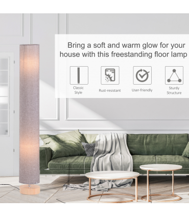 Floor Lamp Wooden Base, Linen Fabric Grey 120H cm x 15cm x 15cm Uplighter