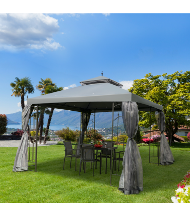 3 x 3(m) Garden Gazebo Double Top Gazebo Canopy w/ Curtains Grey Outsunny