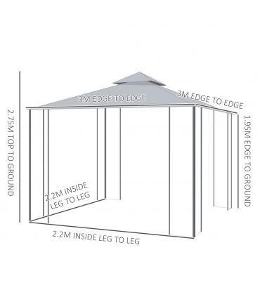 3 x 3(m) Garden Gazebo Double Top Gazebo Canopy w/ Curtains Grey Outsunny