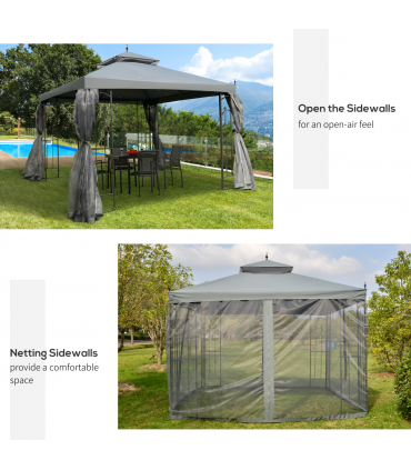 3 x 3(m) Garden Gazebo Double Top Gazebo Canopy w/ Curtains Grey Outsunny