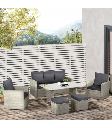 6 PCS Outdoor Rattan Sofa Furniture Sets with Footstool Cushions Grey Outsunny