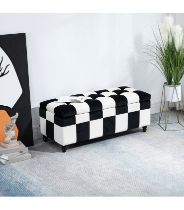 Velvet Storage Ottoman White, Black 114W x 47D x 47H cm Padded Top Wood Legs