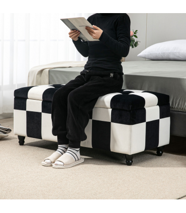 Velvet Storage Ottoman White, Black 114W x 47D x 47H cm Padded Top Wood Legs