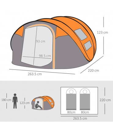 Camping Tent Dome Pop-up Tent  with Windows for 4-5 Person Orange Outsunny