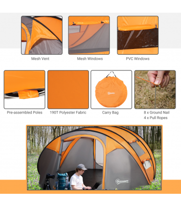 Camping Tent Dome Pop-up Tent  with Windows for 4-5 Person Orange Outsunny