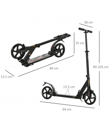 Kick Scooter Folding 2 Big Wheels Adjustable  Adult Teens For 14 Black HOMCOM