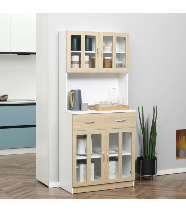 180cm Kitchen Cabinet, 2 Glass Door Cabinets and Countertop, White 1.8m