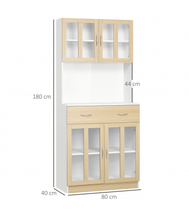180cm Kitchen Cabinet, 2 Glass Door Cabinets and Countertop, White 1.8m
