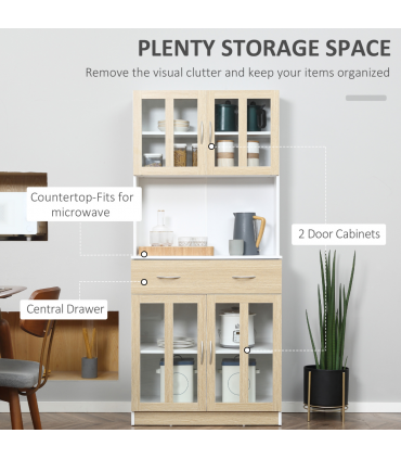 180cm Kitchen Cabinet, 2 Glass Door Cabinets and Countertop, White 1.8m