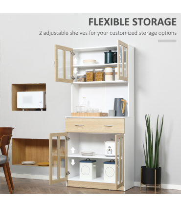 180cm Kitchen Cabinet, 2 Glass Door Cabinets and Countertop, White 1.8m