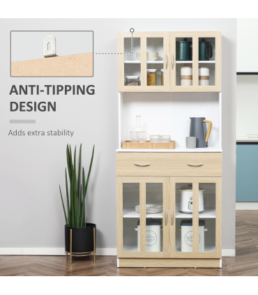 180cm Kitchen Cabinet, 2 Glass Door Cabinets and Countertop, White 1.8m