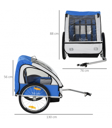 Child Bike Trailer 2-Seat Steel Frame Blue 88H x 130L x 76Wcm 18m+ Oxford Fabric