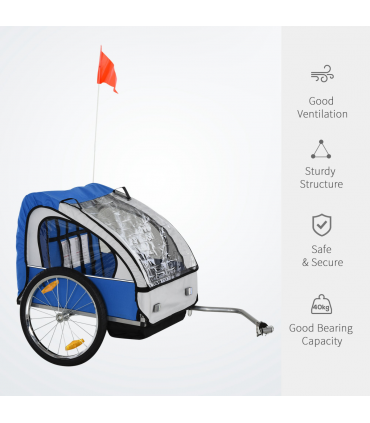 Child Bike Trailer 2-Seat Steel Frame Blue 88H x 130L x 76Wcm 18m+ Oxford Fabric