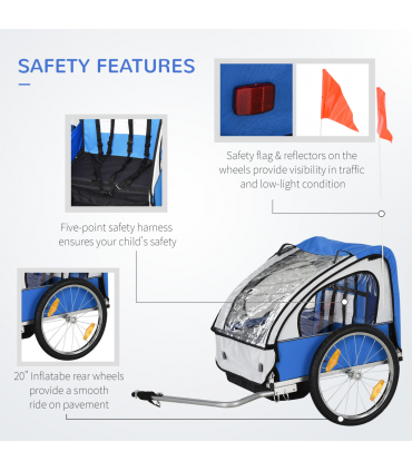 Child Bike Trailer 2-Seat Steel Frame Blue 88H x 130L x 76Wcm 18m+ Oxford Fabric