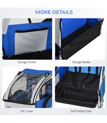 Child Bike Trailer 2-Seat Steel Frame Blue 88H x 130L x 76Wcm 18m+ Oxford Fabric