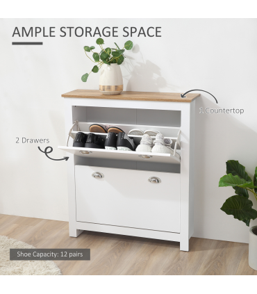 2 Drawer Shoe Cabinet Narrow Shoe Cupboard with Flip Doors White