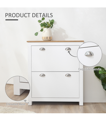 2 Drawer Shoe Cabinet Narrow Shoe Cupboard with Flip Doors White
