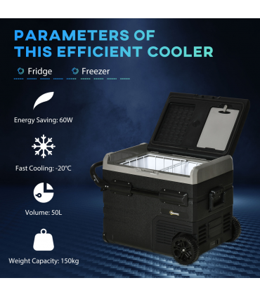 50L Car Refrigerator 12V Portable Freezer w/ Inner LED Light, Wheels Outsunny