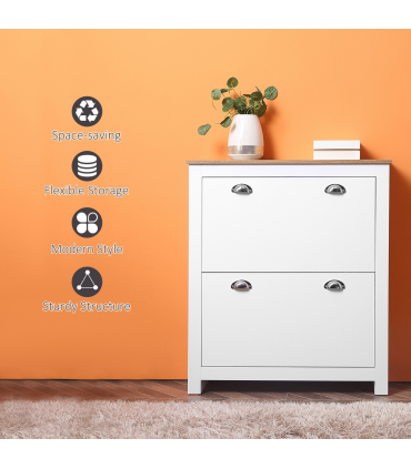 2 Drawer Shoe Cabinet Narrow Shoe Cupboard with Flip Doors White