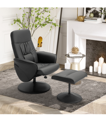 2 Pcs Reclining Armchair Ottoman 360 Swivel Home Furniture PU Leather Black