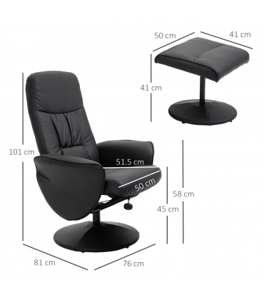 2 Pcs Reclining Armchair Ottoman 360 Swivel Home Furniture PU Leather Black
