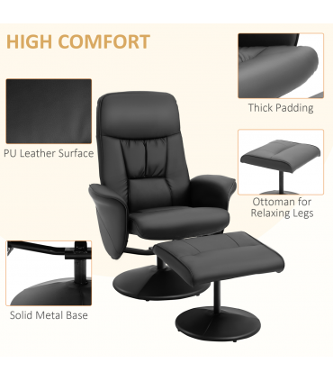 2 Pcs Reclining Armchair Ottoman 360 Swivel Home Furniture PU Leather Black