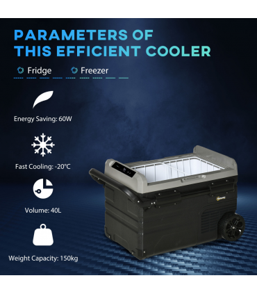 40L Car Refrigerator 12V Portable Freezer w/ Inner LED Light, Wheels Outsunny